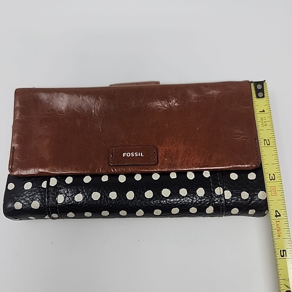 Fossil Vintage Wallet Sydney Brown Leather Retro Black White Polka Dot Trifold - Picture 6 of 16